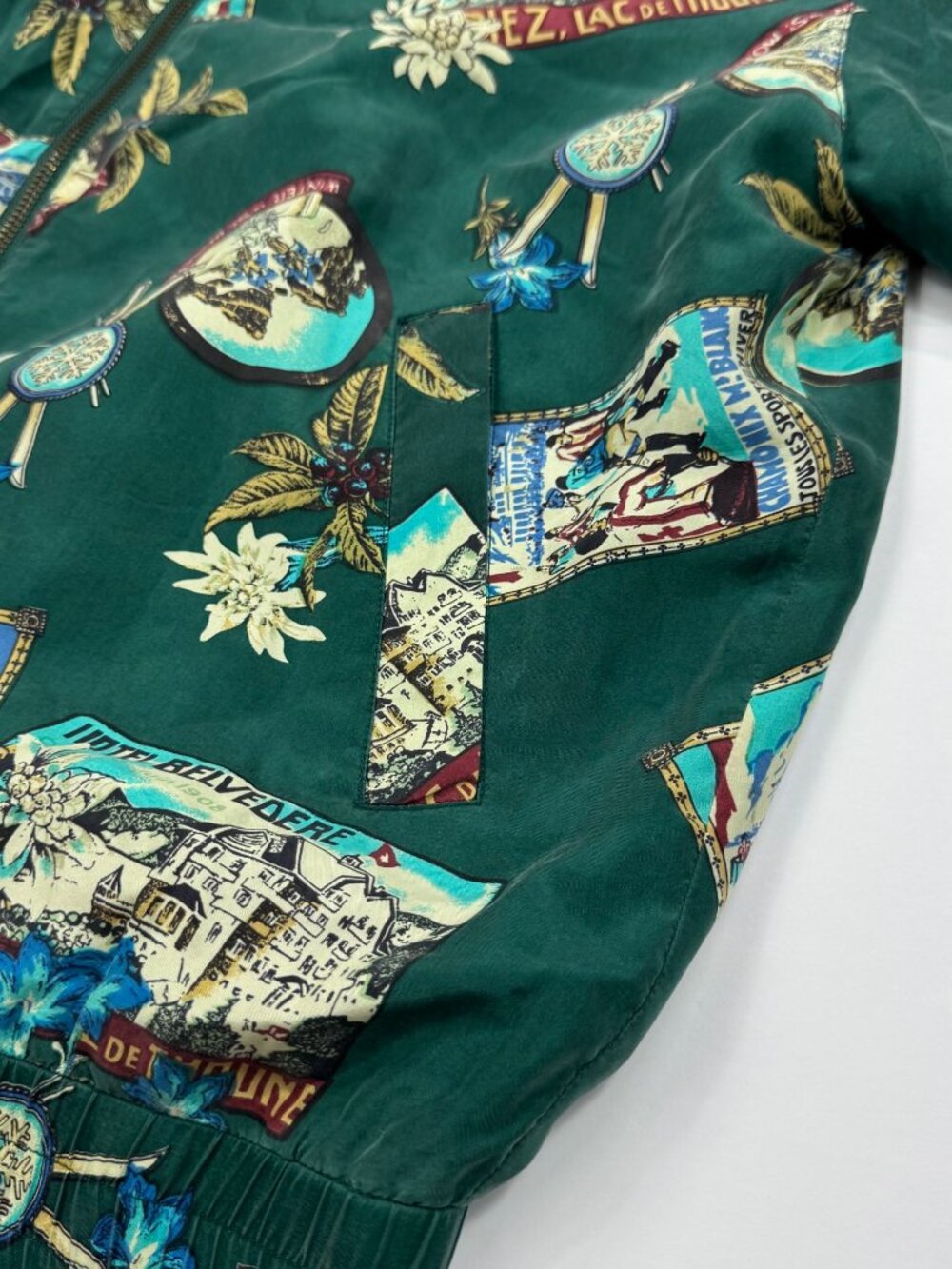 Lavon Womens Silk Bomber Jacket Green Size PM Oversized Postcard Motif - Picture 4 of 12